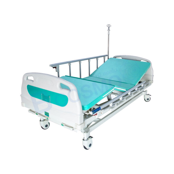 เตียงผู้ป่วยมือหมุน 3 ไก หัวท้าย ABS ราวสไลด์สูง พร้อมเบาะนอน 4 ตอน YYY A328P