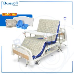 เตียงผู้ป่วย PF03 มือหมุน 4 ไก ราวสไลด์ นั่ง และตะแคงได้ ที่นอนหนา 8 cm. พร้อมถาดวางอาหาร