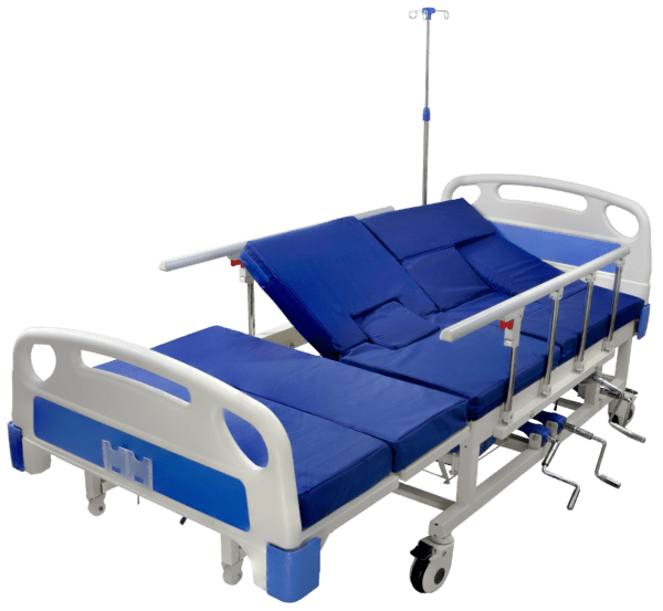 เตียงผู้ป่วย YD มือหมุน 5 ฟังก์ชัน ปรับนั่งและปรับตะแคง ราวสไลด์ รุ่น B01-h01 พร้อมเบาะ